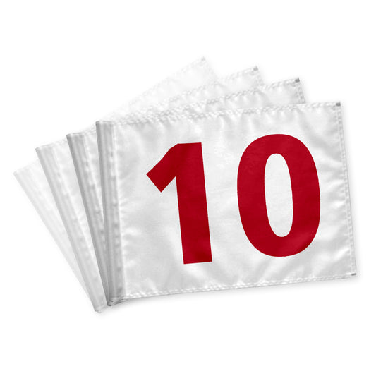 Golfflag 10-18, hvide med røde tal i 115 gram flagdug